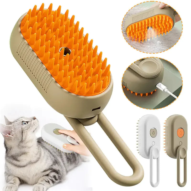 Pet Steam Brush – 3-in-1 Grooming Tool for Cats & Dogs Brown
